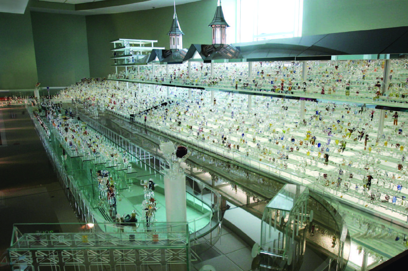Large glass racecourse sculpture with grandstand figures